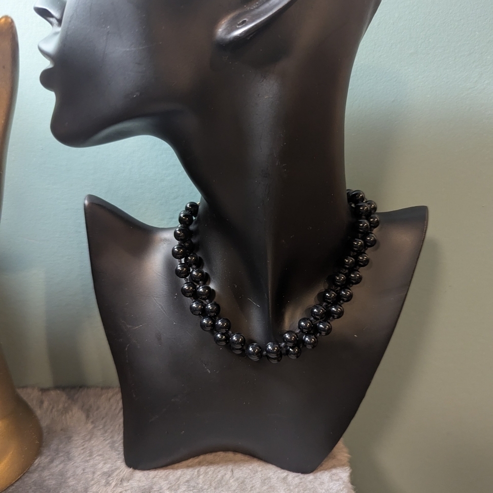 Jet Necklace Black Beaded 12" Goldtone Clasp, Gorgeous Vintage Timeless Classic